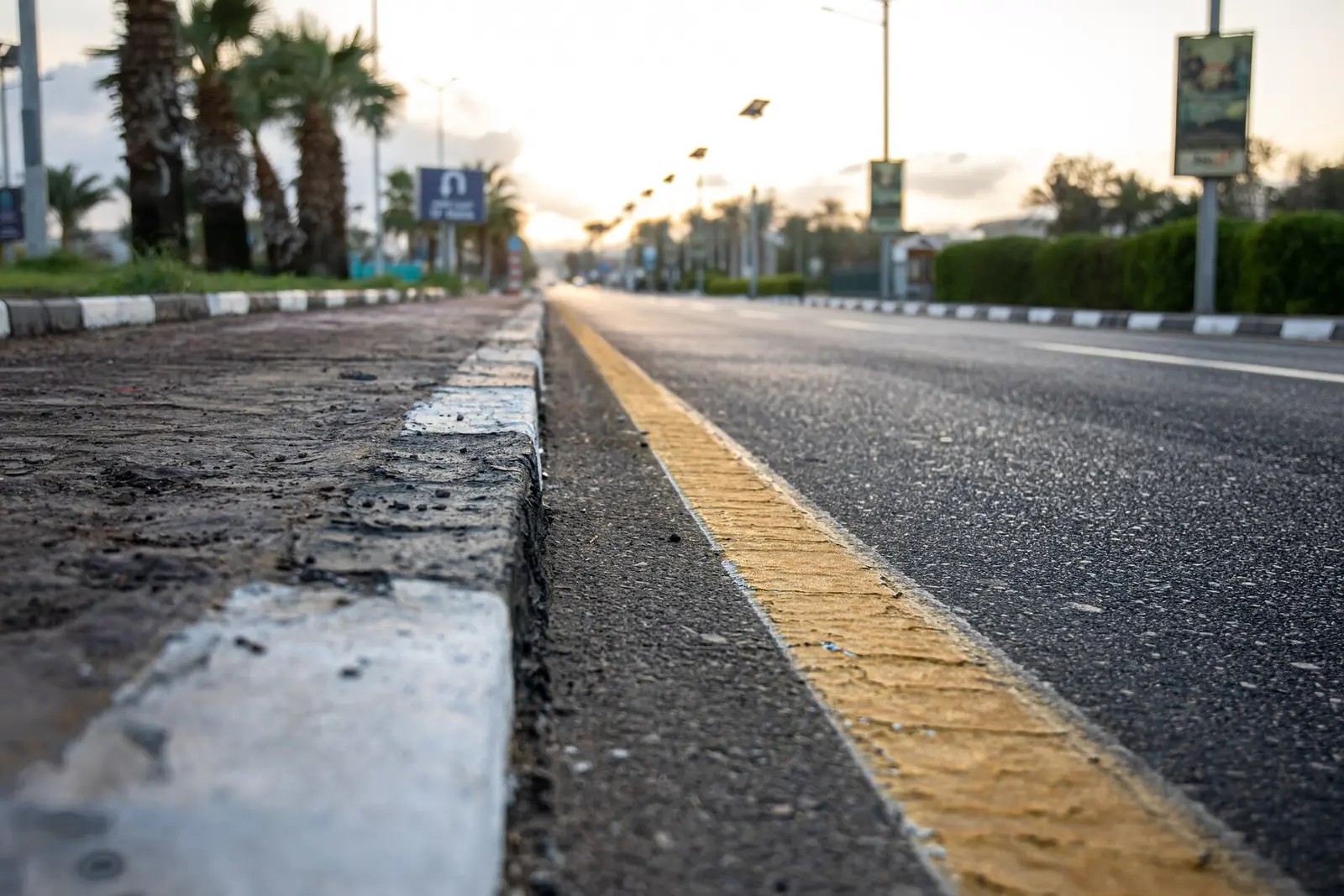 כביש עירוני חלק לאחר סלילה עם עצי דקל בשקיעה
